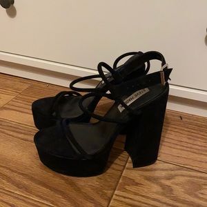 Platform velvet ankle strap heels